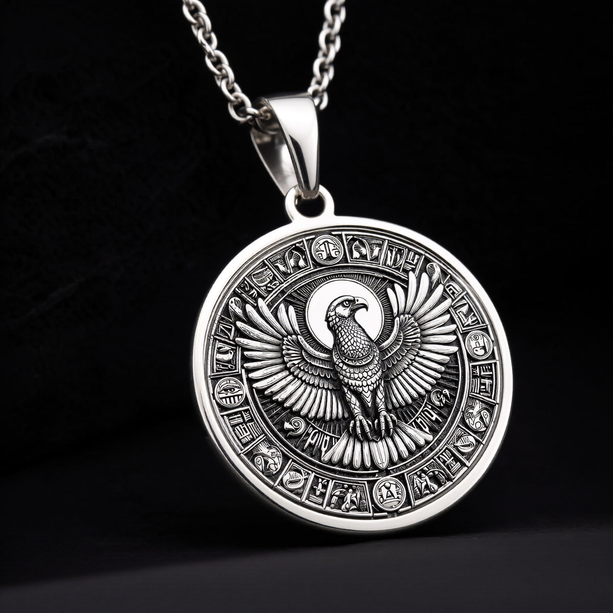 Horus Falcon Pendant Necklace - Egyptian Protection Charm - 925 Sterling Silver