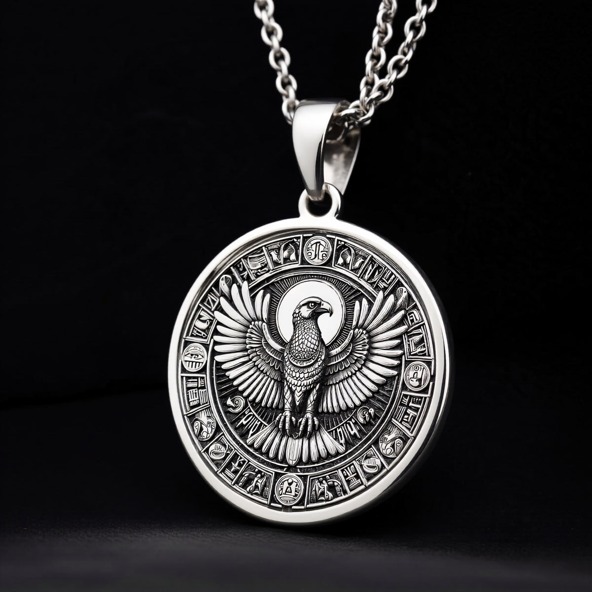 Horus Falcon Pendant Necklace - Egyptian Protection Charm - 925 Sterling Silver