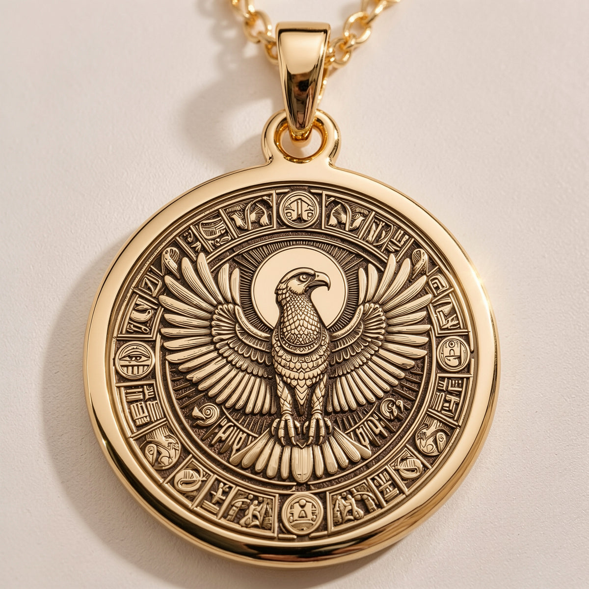 Horus Falcon Protection Pendant Necklaces 14K 14K Gold Plated pendant necklace featuring an eagle with wings design on a circular frame.