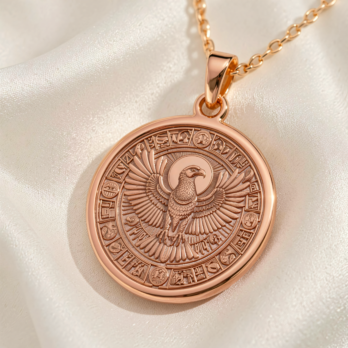 Horus Falcon Pendant Necklace - Egyptian Protection Charm - 14K Rose Gold Plated Front View