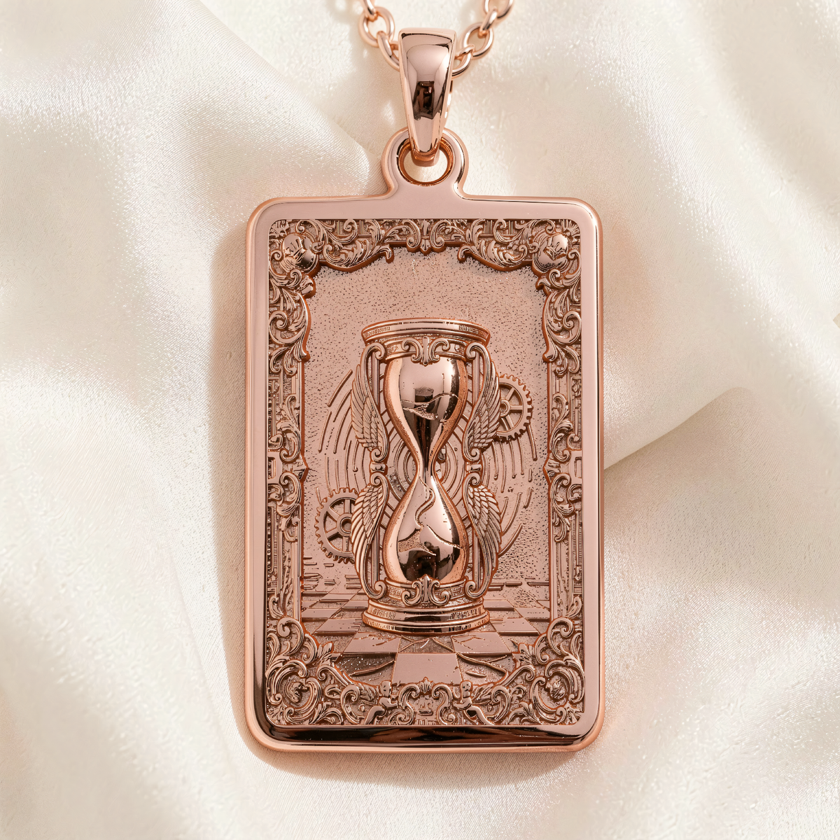 Hourglass Sands of Time necklace pendant in rose gold plated finish, front view showing engraved hourglass flanked by winged gears within decorative filigree border.