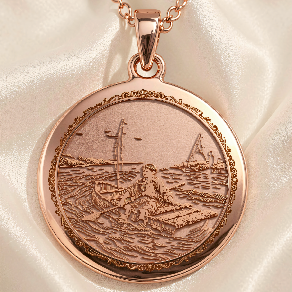 Huckleberry Finn Pendant Necklace - Literary Adventure Gift - 14K Rose Gold Plated Front View