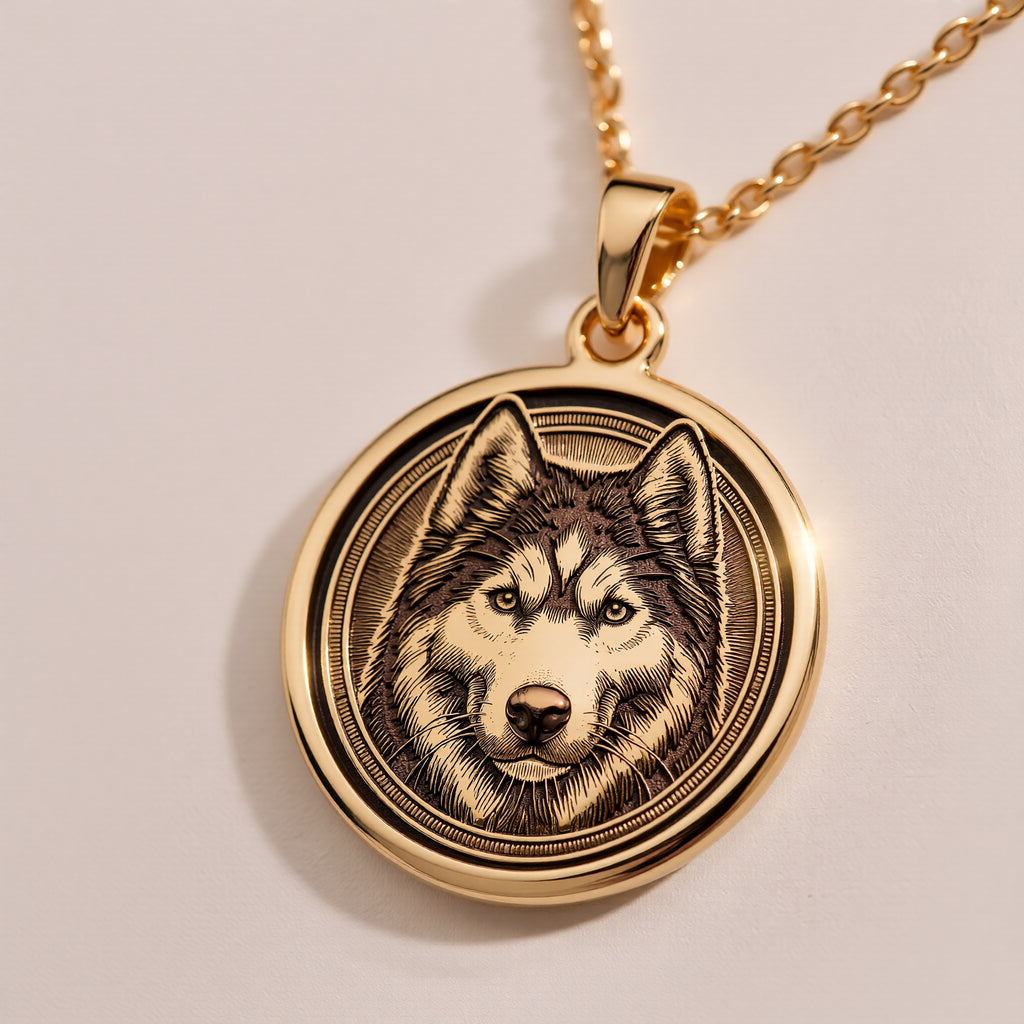 Husky Wolf Spirit Animal Medallion - 14K Solid Gold