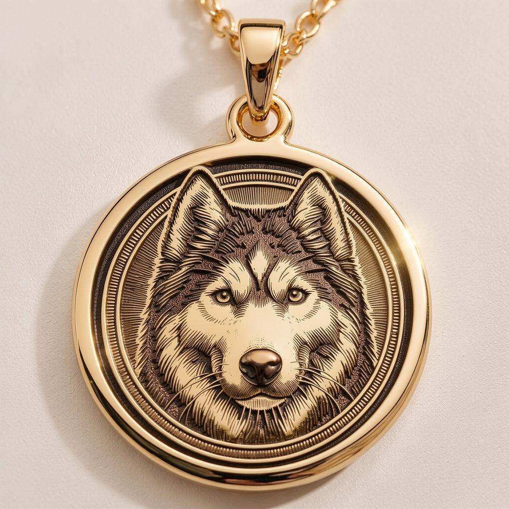 Husky Wolf Spirit Animal Medallion - 14K Solid Gold