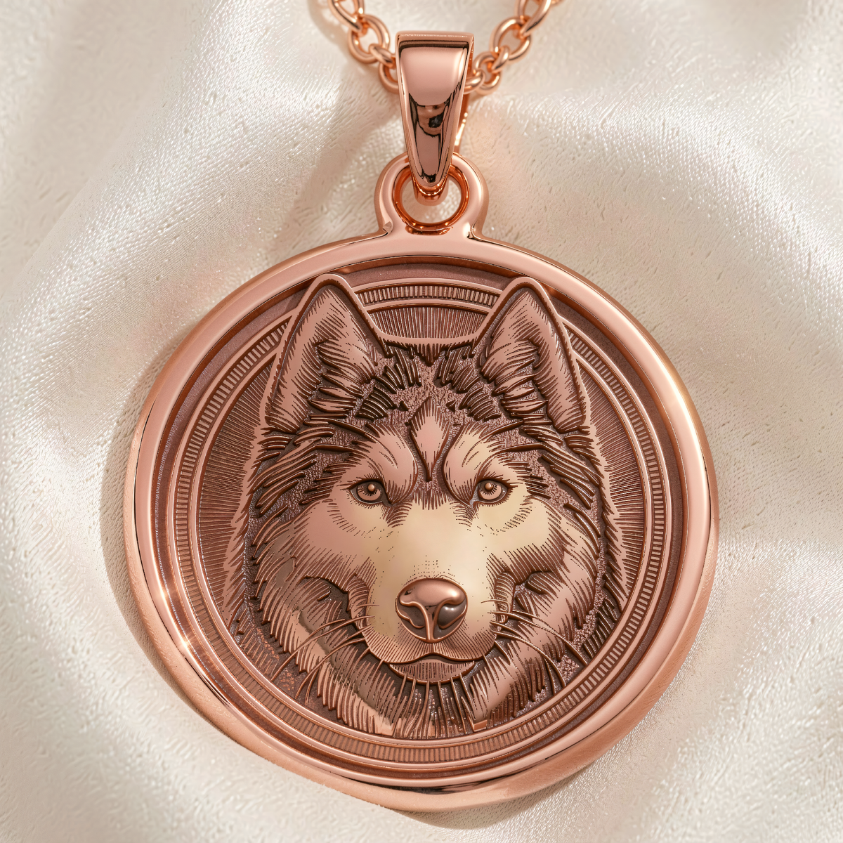Husky Wolf Spirit Animal Medallion | Silver & Plated Options - Pet Memorial Animal Lover Gift - 14K Rose Gold Plated Front View