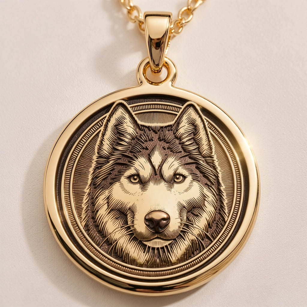 Husky Wolf Spirit Animal Medallion | Silver & Plated Options - Pet Memorial Animal Lover Gift - Görsel 1, 14K Husky Pendant