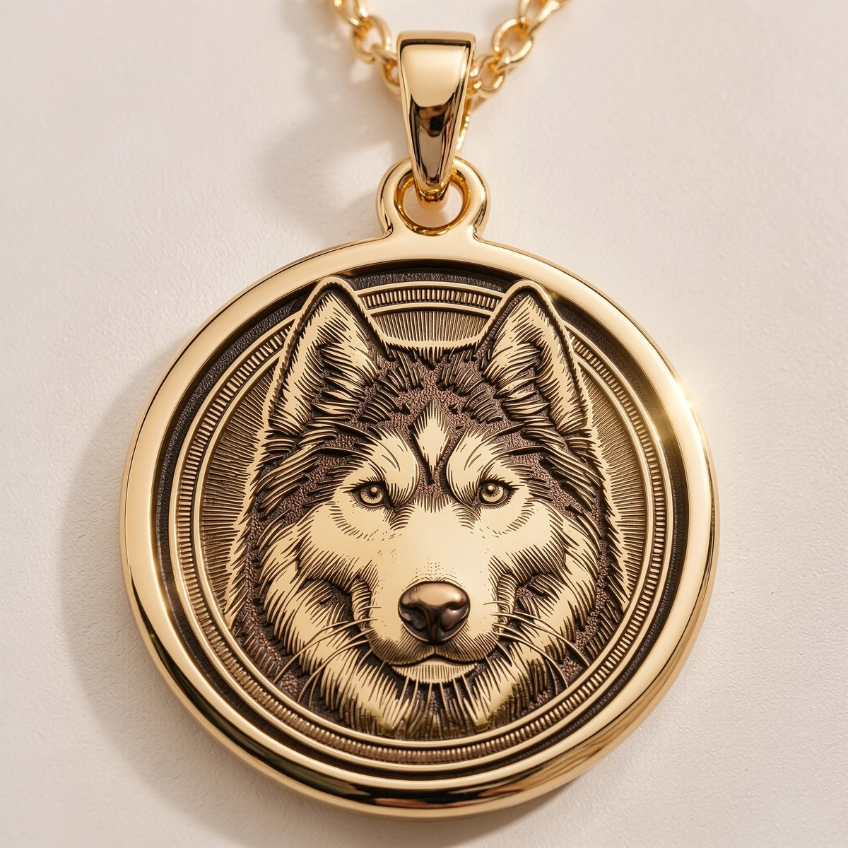 Gold plated pendant featuring a detailed outline of a husky wolf face with engraved lines, circular shape, attached to a gold chain.