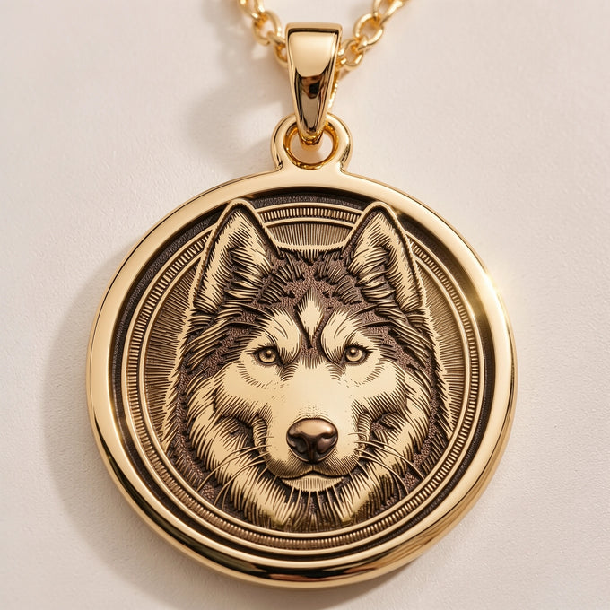 Gold plated pendant featuring a detailed outline of a husky wolf face with engraved lines, circular shape, attached to a gold chain.