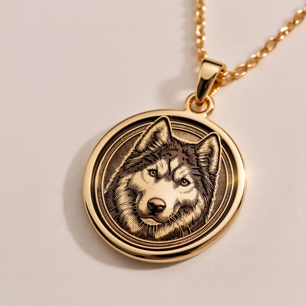Husky Wolf Spirit Animal Medallion | Silver & Plated Options - Pet Memorial Animal Lover Gift - Görsel 3, 14K Husky Pendant