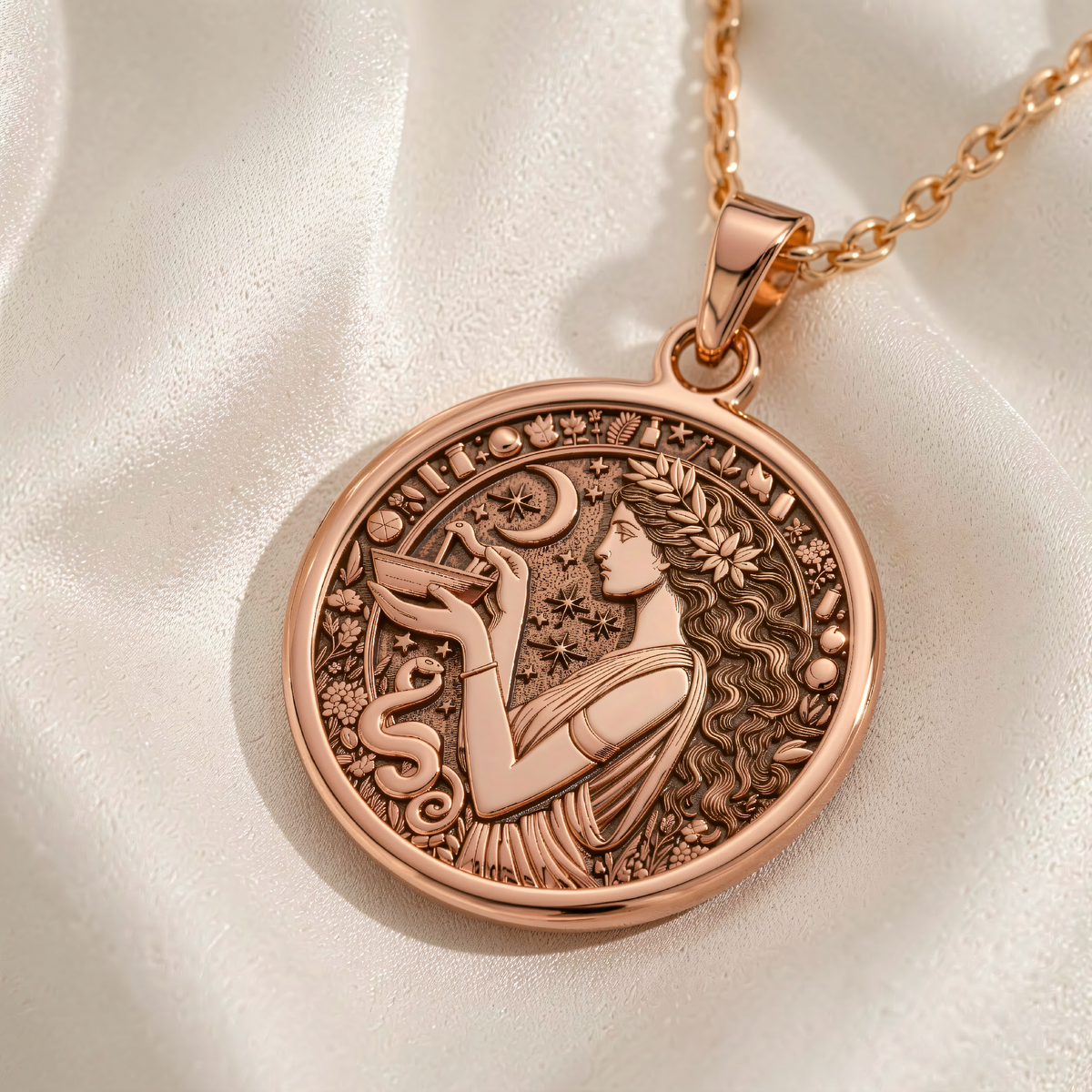 Hygieia Goddess Necklace | Silver & Plated Options - Ancient Mythology Protection Talisman - 14K Rose Gold Plated Front View