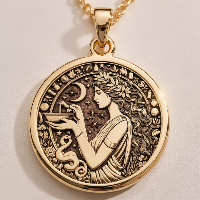 Gold plated circular pendant featuring a detailed depiction of a woman with flowing hair and a snake design, set against an ornate border. The surface has an antique finish.