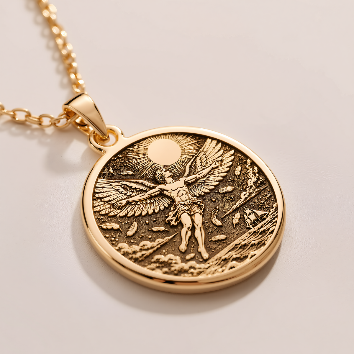 Icarus Medallion Necklace - 14K Solid Gold, Left Angle View