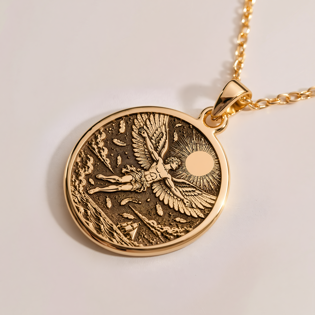 Icarus Medallion Necklace - 14K Solid Gold, Right Angle View