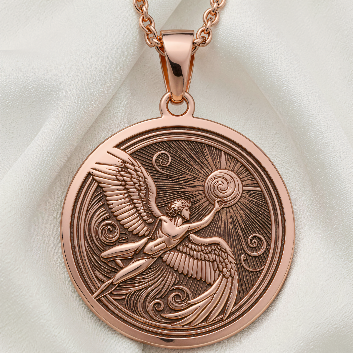 Icarus Medallion Necklace | Silver & Plated Options - Ancient Mythology Protection Talisman - 14K Rose Gold Plated Front View