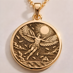 Icarus Medallion Necklace in a gold finish, shown from the front with detailed engraving on the pendant.