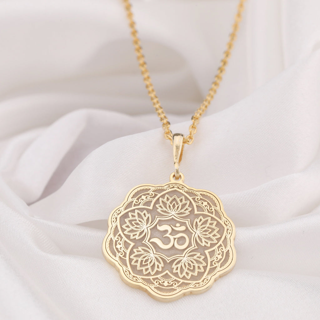 Om Lotus Necklace: 14K Gold with lotus flower yoga amulet talisman spiritual amulet - View 102