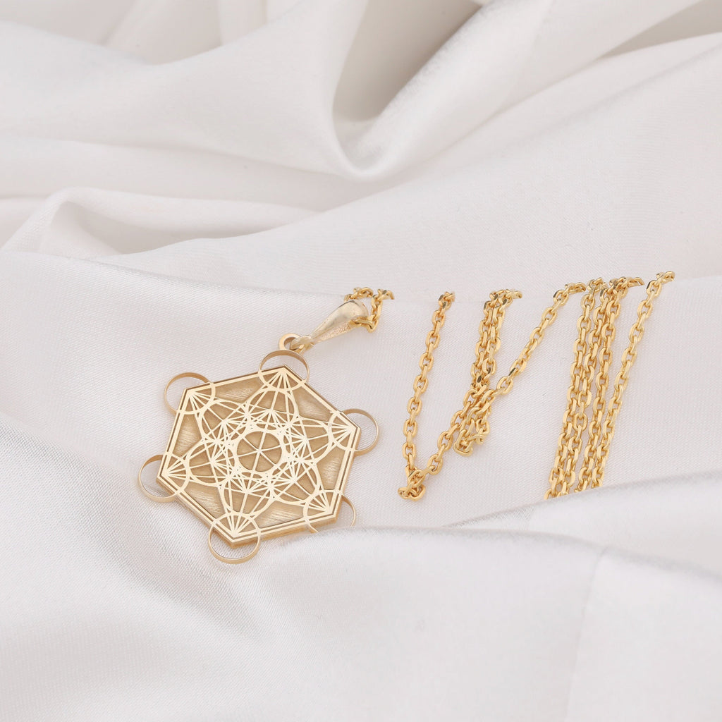 Metatron's Cube Sacred Geometry Necklace — 14K Gold Plated Over 925 Sterling Silver front view