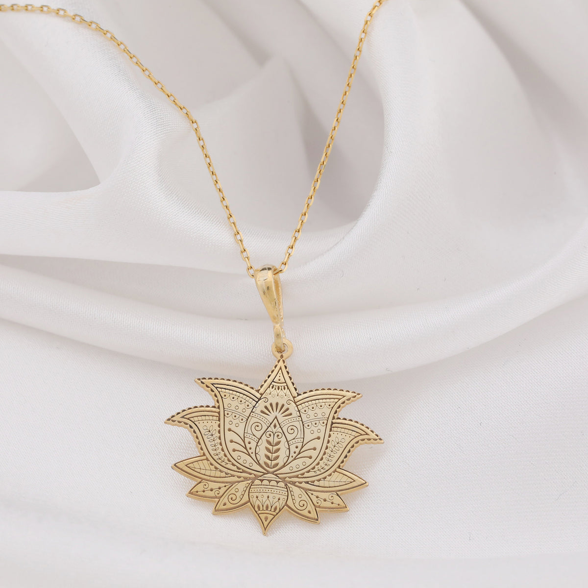 Lotus Flower Yoga Talisman Necklace Necklaces 14K 14K Gold Plated lotus floral mandala pendant necklace on white fabric