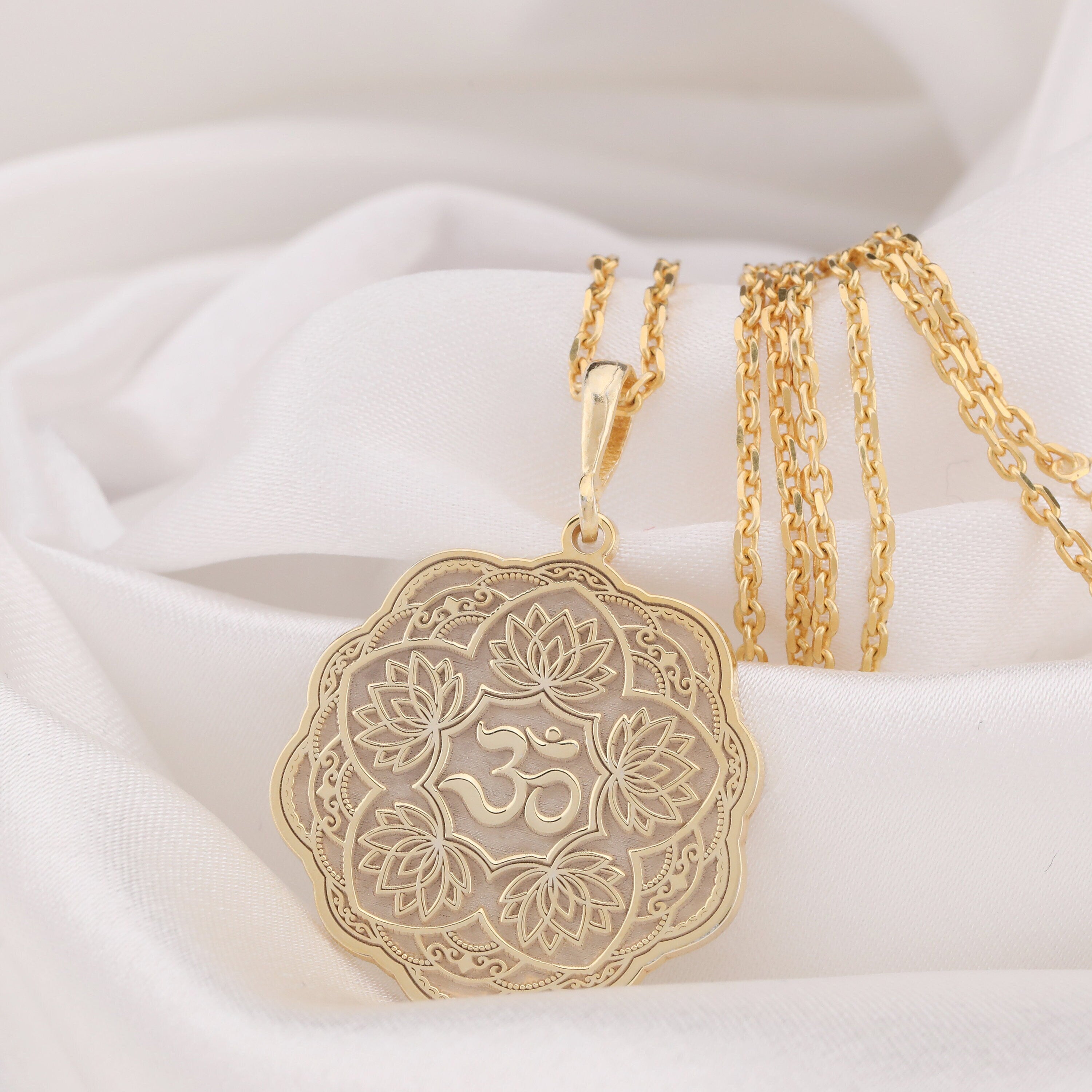 Om Lotus Necklace: 14K Gold with lotus flower yoga amulet talisman spiritual amulet - View 158