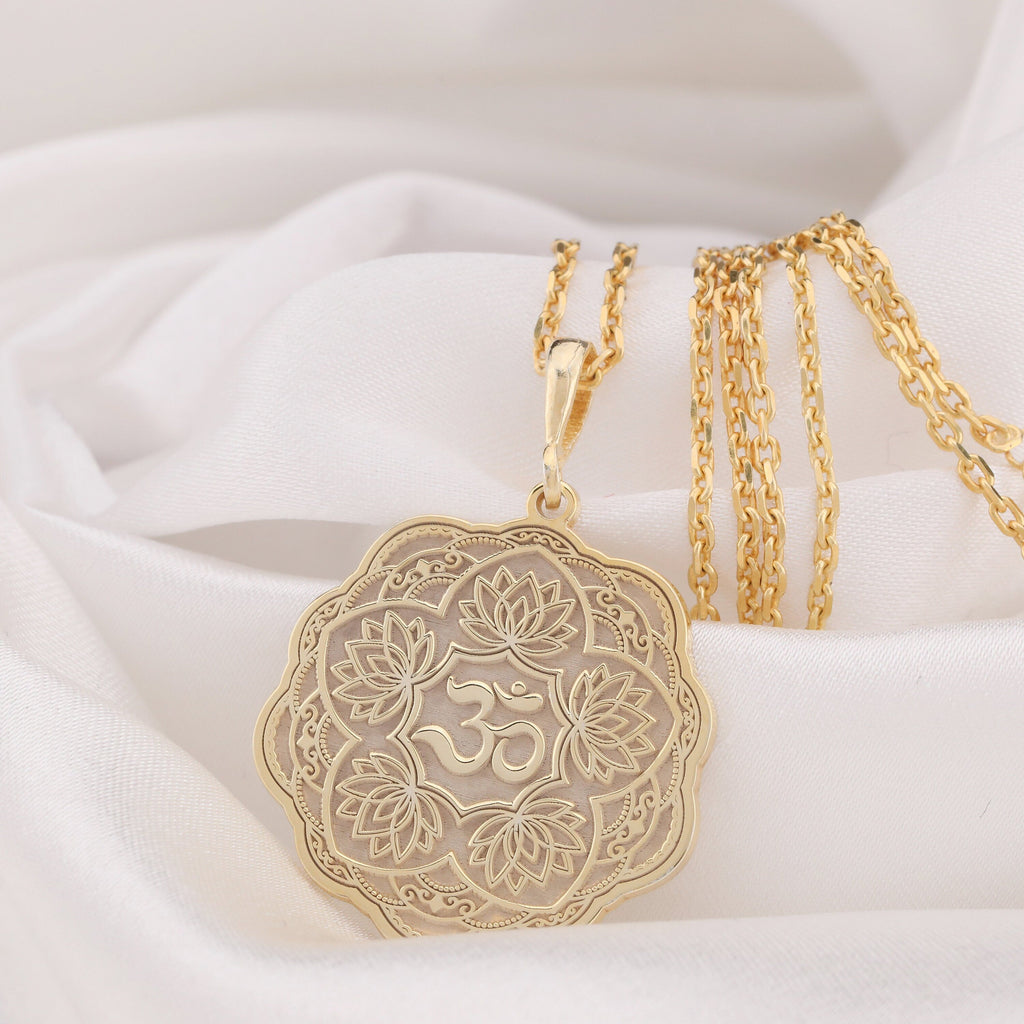 Om Lotus Flower Yoga Amulet Necklace — 14K Gold Plated Over 925 Sterling Silver front view