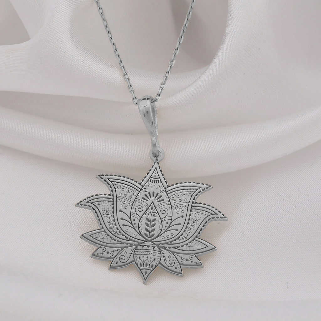 Lotus Flower Yoga Talisman Necklace Necklaces 925 925 Sterling Silver metal lotus mandala pendant necklace with intricate floral design.