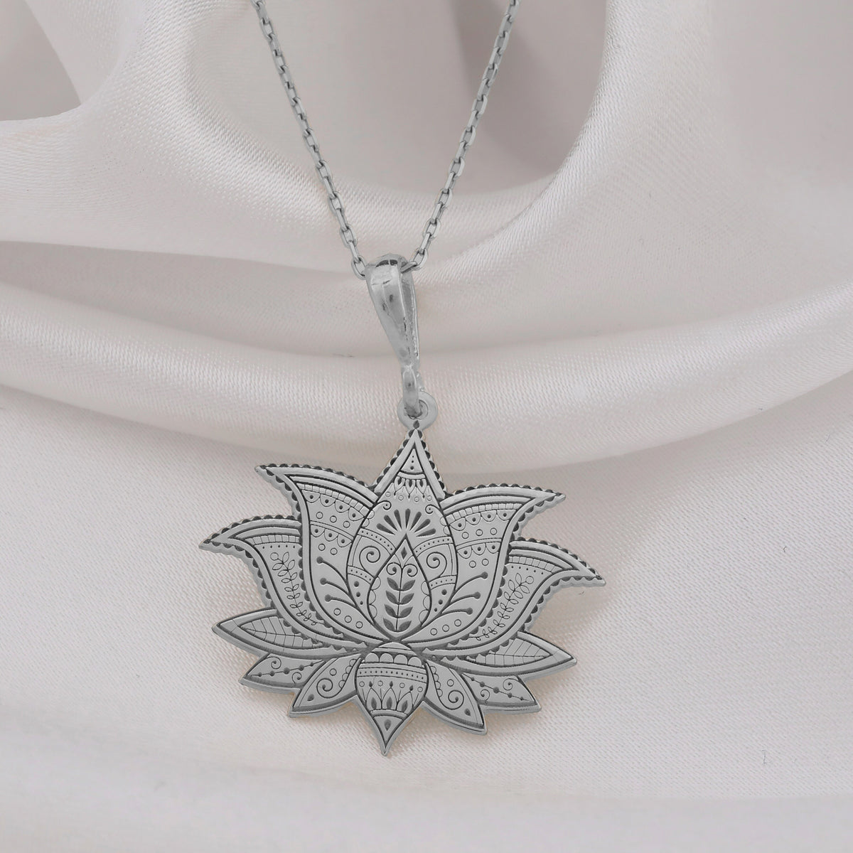 Lotus Flower Yoga Talisman Necklace Necklaces 925 925 Sterling Silver metal lotus mandala pendant necklace with intricate floral design.