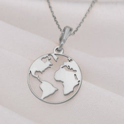 World Map Globe Wanderlust Traveler Necklace — Solid 925 Sterling Silver front view