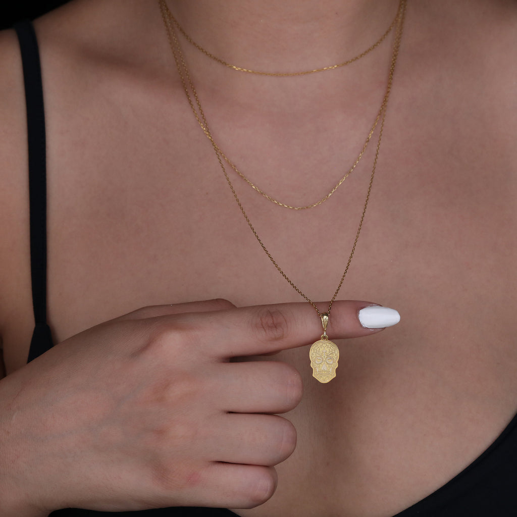 Dia de los Muertos Memento Mori Necklace Necklaces 14K 14K Gold Plated stylized face pendant necklace with irregular shape