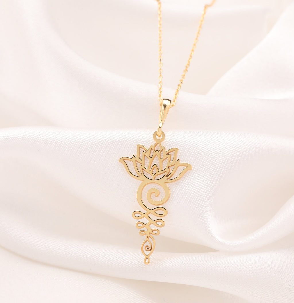 Lotus Flower Yoga Talisman Necklace Necklaces 14K 14K Gold Plated lotus flower pendant with scrollwork necklace on white fabric