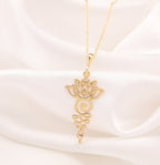 Lotus Flower Yoga Talisman Necklace Necklaces 14K 14K Gold Plated lotus flower pendant with scrollwork necklace on white fabric