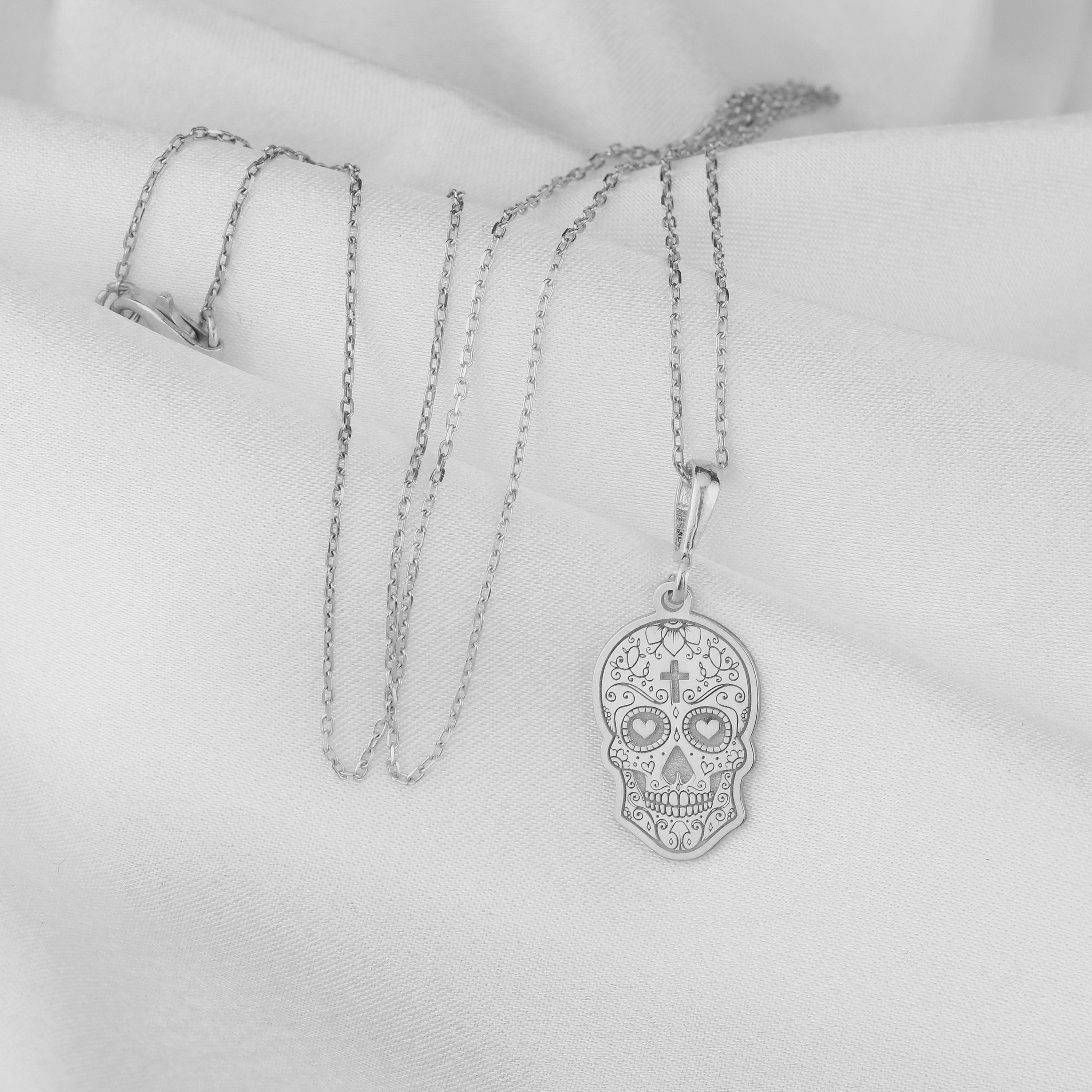 14K Gold Dia de los Muertos Necklace: 14K Gold with memento mori goth macabre talisman - View 158