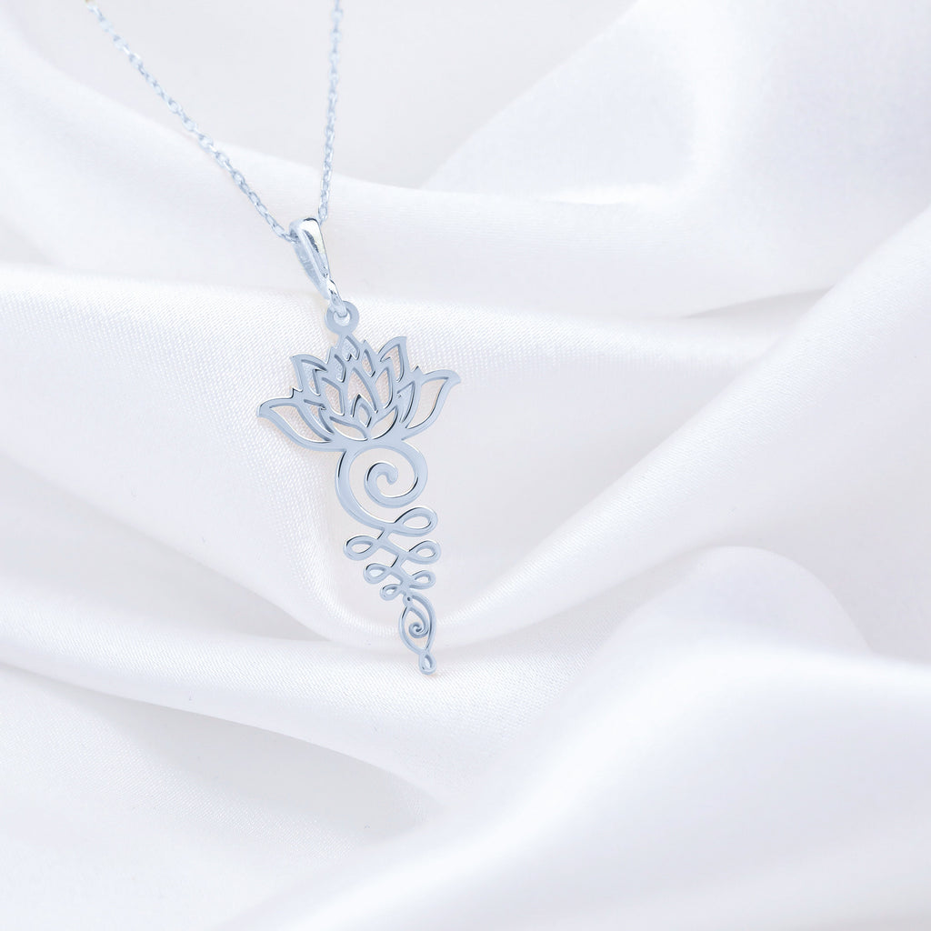 Lotus Flower Yoga Talisman Necklace Necklaces 925 925 Sterling Silver lotus flower pendant necklace with swirling vine details.