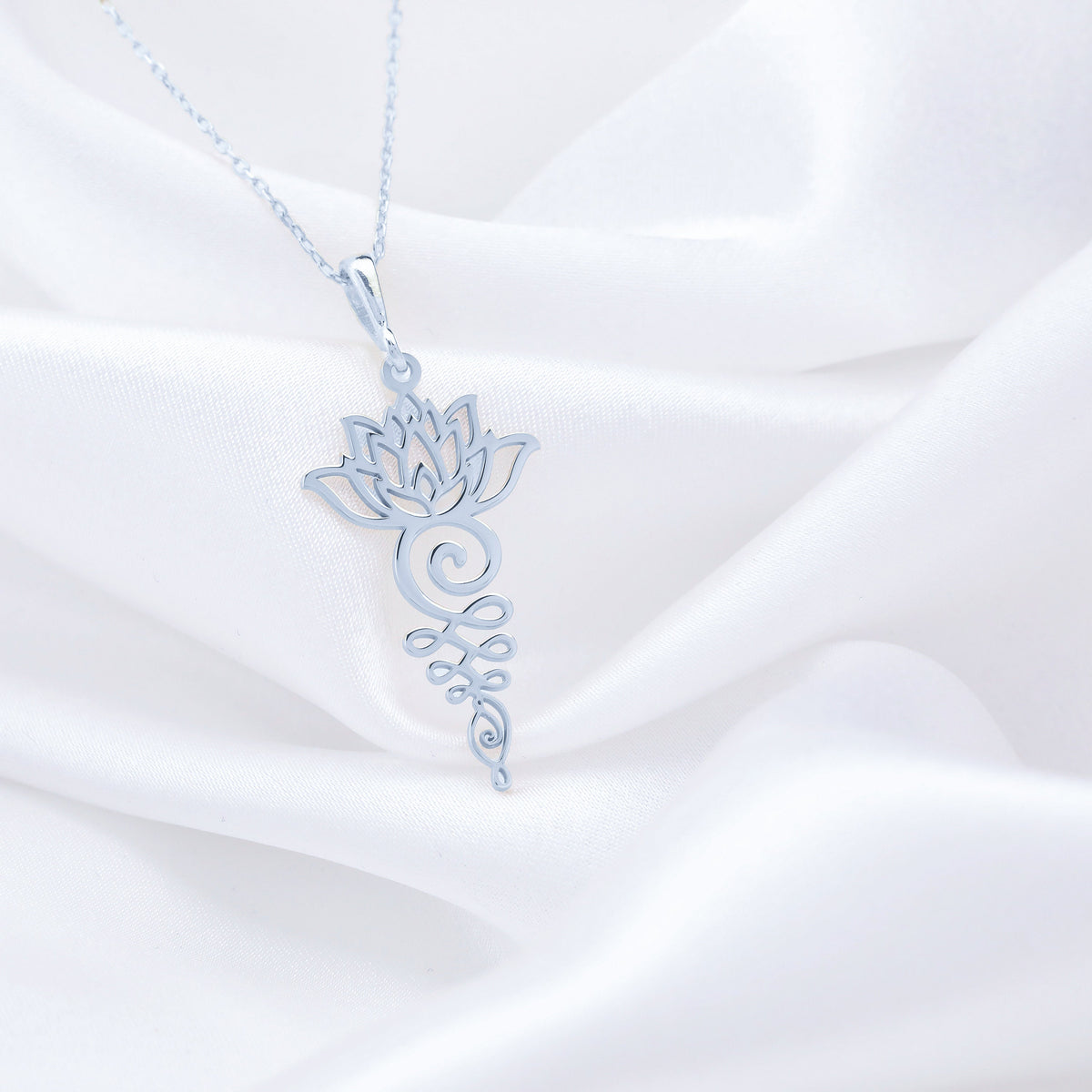 Lotus Flower Yoga Talisman Necklace Necklaces 925 925 Sterling Silver lotus flower pendant necklace with swirling vine details.