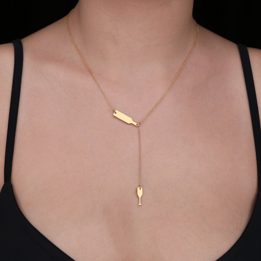 Wine Glass & Bottle Lariat Pendant Necklace — 14K Gold Plated worn on model lookbook view