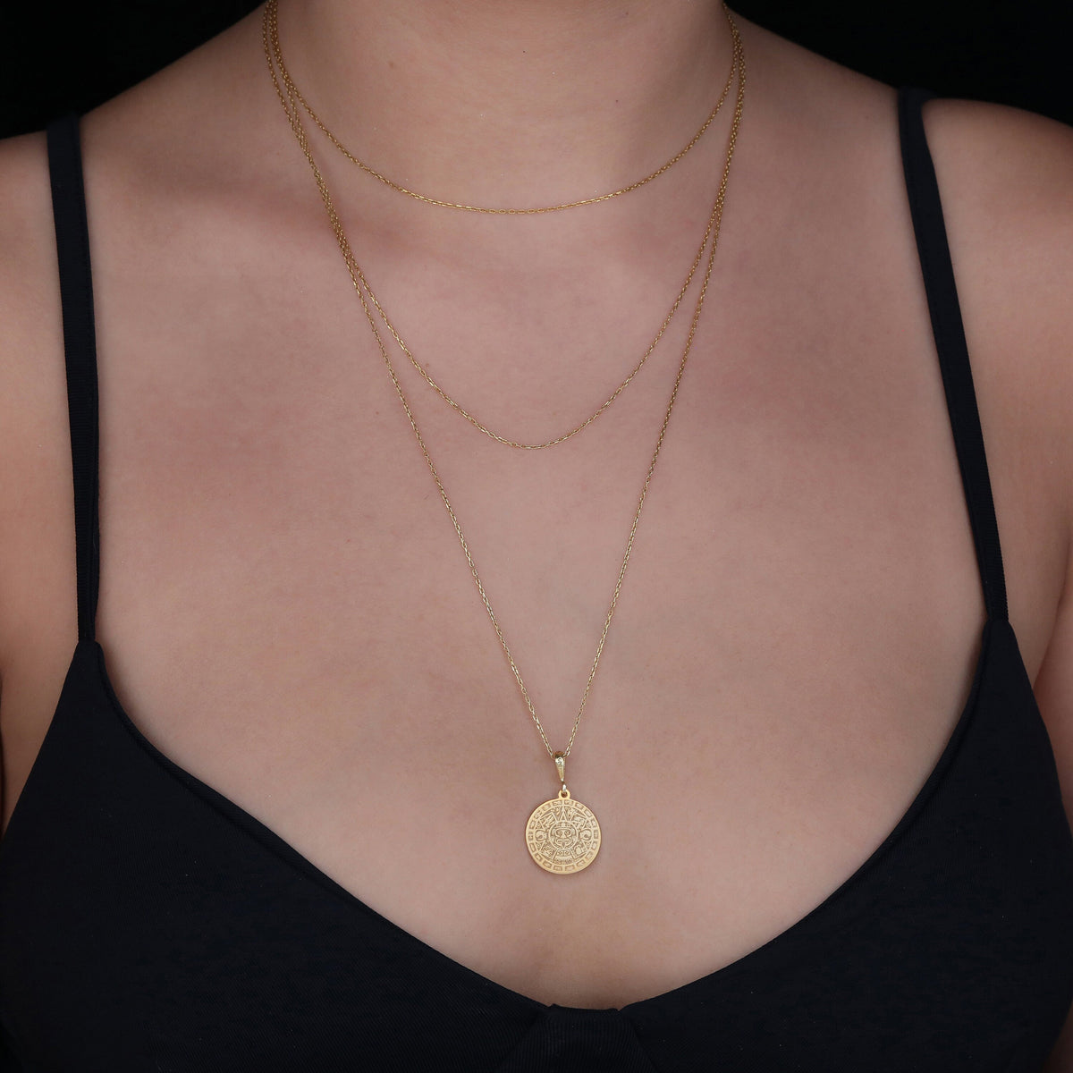 Aztec Calendar Necklace: 14K Gold with aztec sun stone mayan medallion amulet talisman - View 200