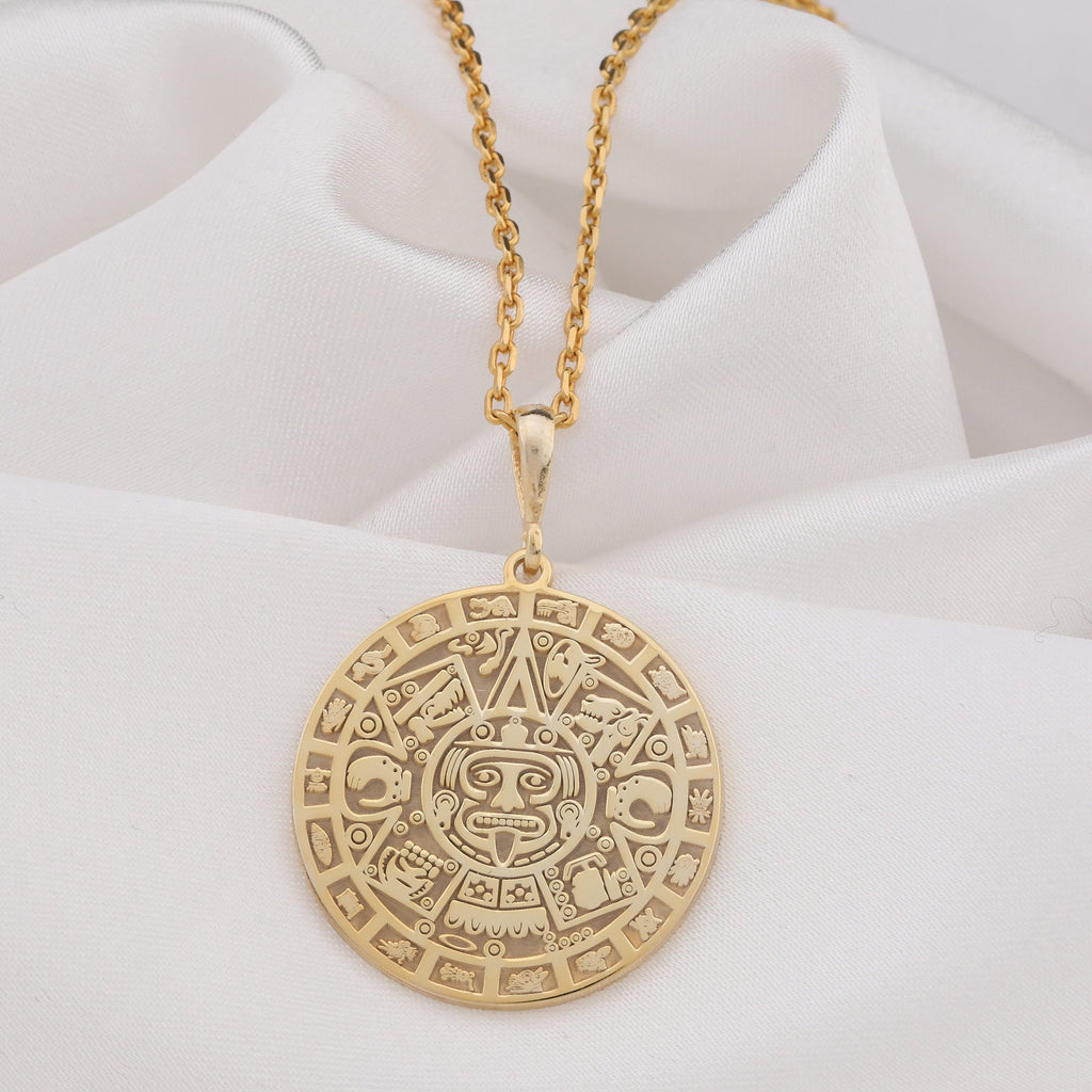 Aztec Calendar Necklace: 14K Gold with aztec sun stone mayan medallion amulet talisman - View 153