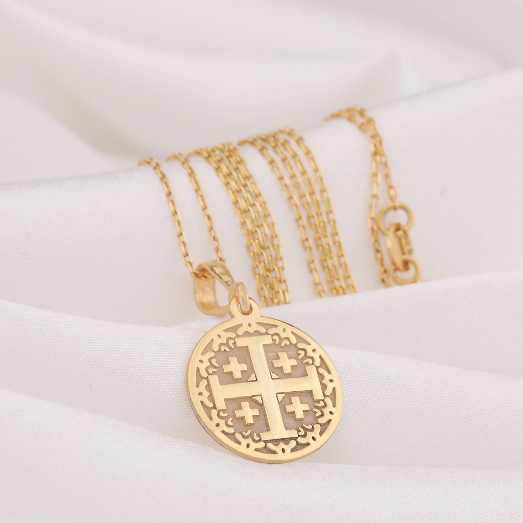Jerusalem Cross Pendant Necklaces 14K 14K Gold Plated pendant necklace featuring a circular cross design with filigree scrollwork.