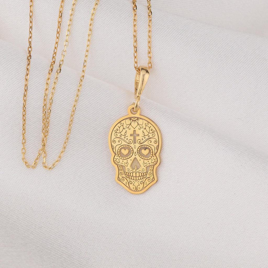 Dia de los Muertos Memento Mori Necklace Necklaces 14K 14K Gold Plated skull pendant with intricate scrollwork design necklace