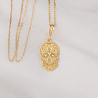 14K Gold Dia de los Muertos Necklace: 14K Gold with memento mori goth macabre talisman - View 48