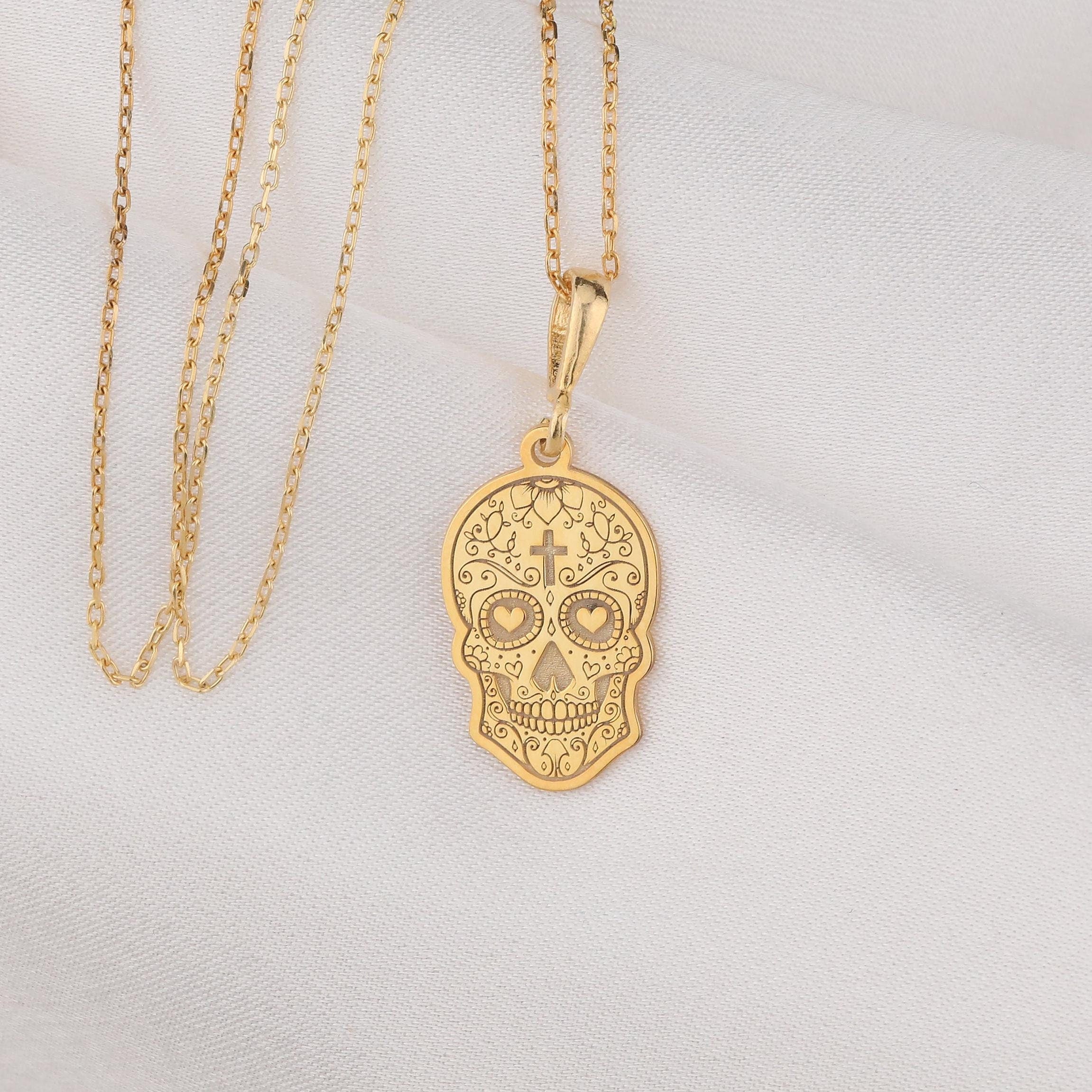 14K Gold Dia de los Muertos Necklace: 14K Gold with memento mori goth macabre talisman - View 48