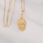 14K Gold Dia de los Muertos Necklace: 14K Gold with memento mori goth macabre talisman - View 48