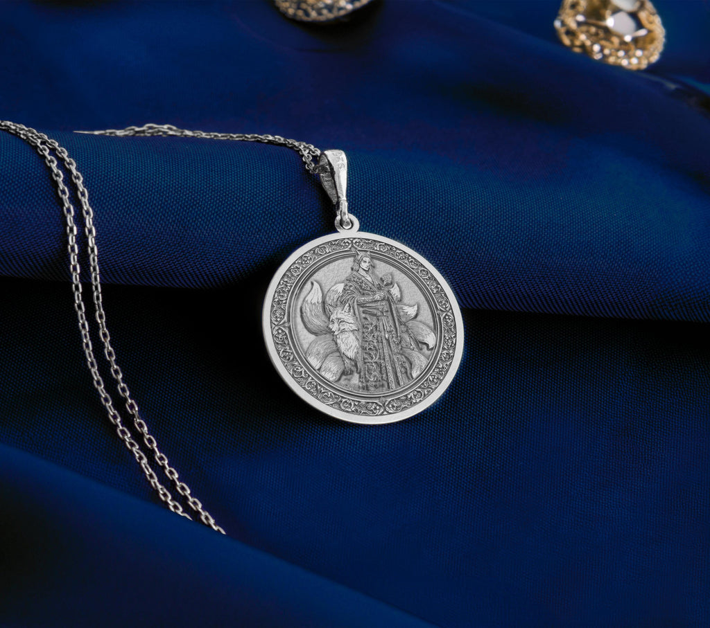 Kitsune Fox Talisman Necklace Necklaces 925 925 Sterling Silver sterling silver pendant with a classical standing figure design on a round disc necklace.