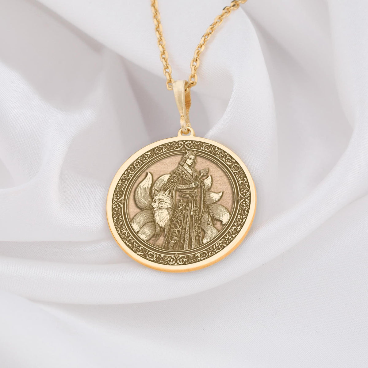 Kitsune Fox Talisman Necklace Necklaces 14K 14K Gold Plated pendant necklace featuring a draped classical figure design on a round medallion.