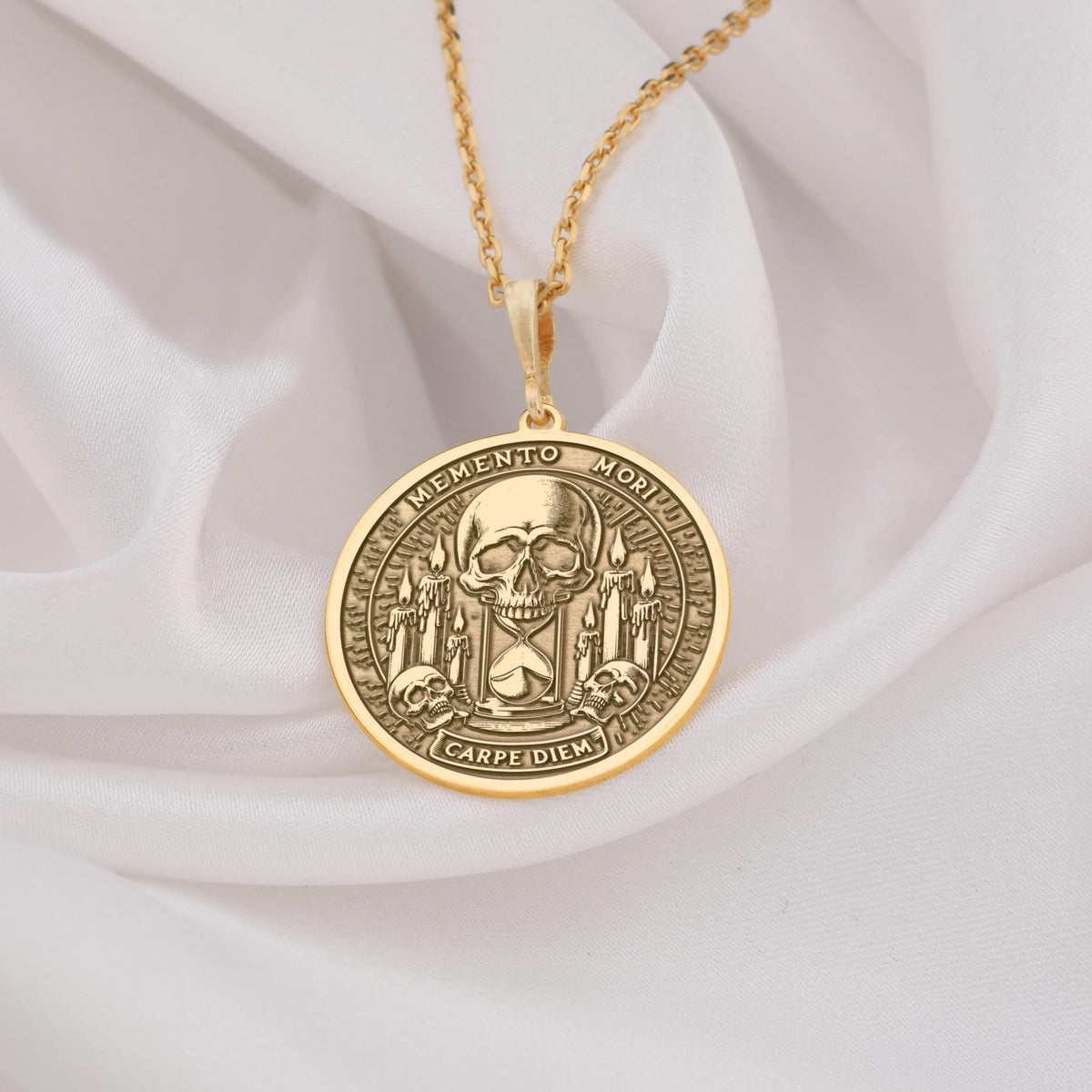 Gothic Skull Memento Mori Necklace Necklaces 14K 14K Gold Plated skull pendant with Memento Mori Latin text necklace