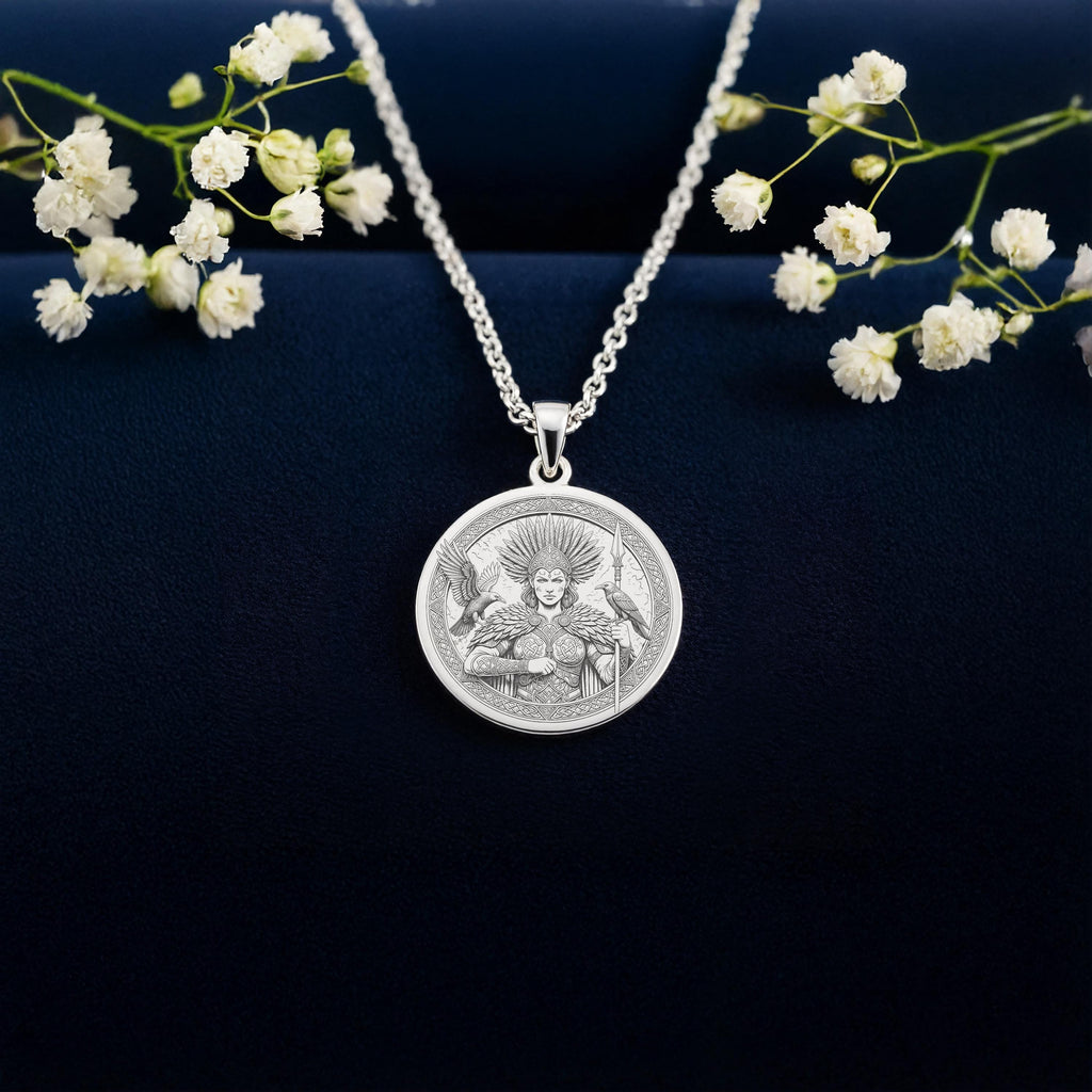 Morigan Necklace: 14K Gold Celtic Goddess Medallion, Engraved Irish Mythology Pendant, Raven Amulet for Women - View 3