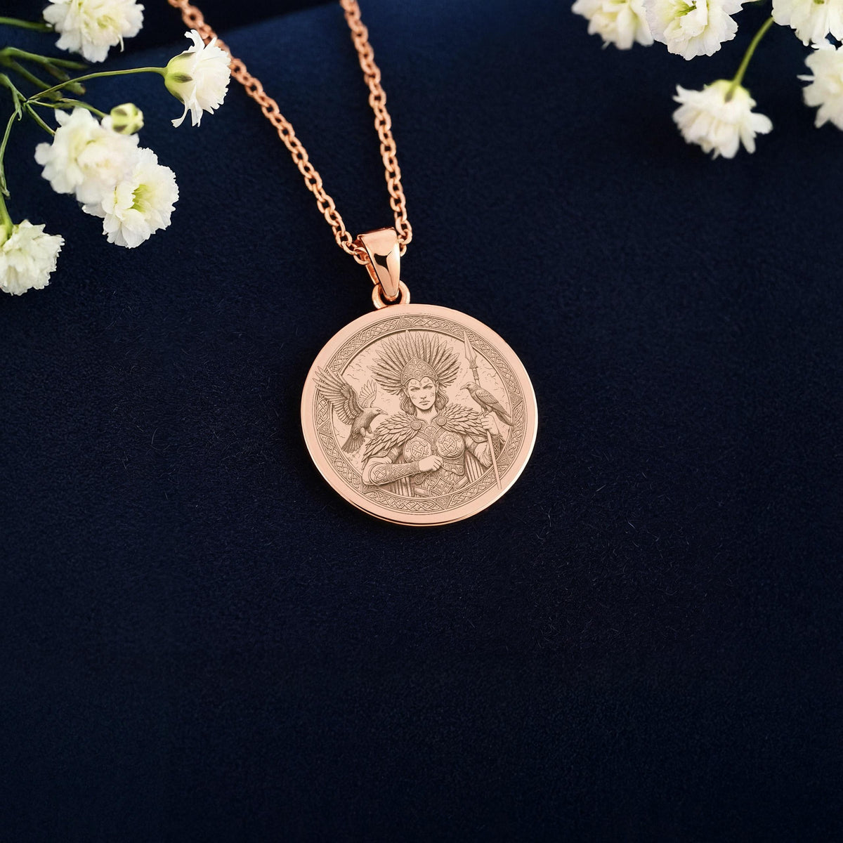 Morigan Necklace: 14K Gold Celtic Goddess Medallion, Engraved Irish Mythology Pendant, Raven Amulet for Women - View 6