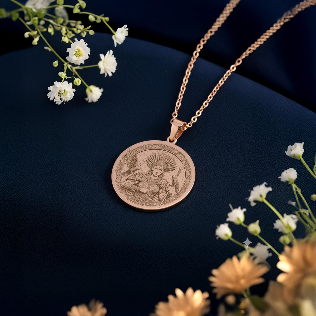 Morigan Necklace: 14K Gold Celtic Goddess Medallion, Engraved Irish Mythology Pendant, Raven Amulet for Women - View 5
