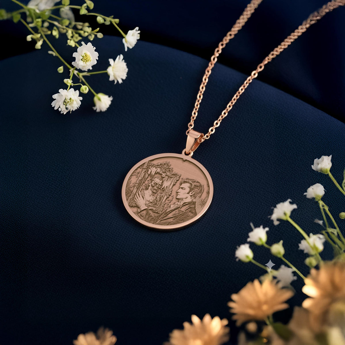 Dorian Gray Portrait Pendant in rose gold plated finish. Round medallion shows the character and his aging portrait.