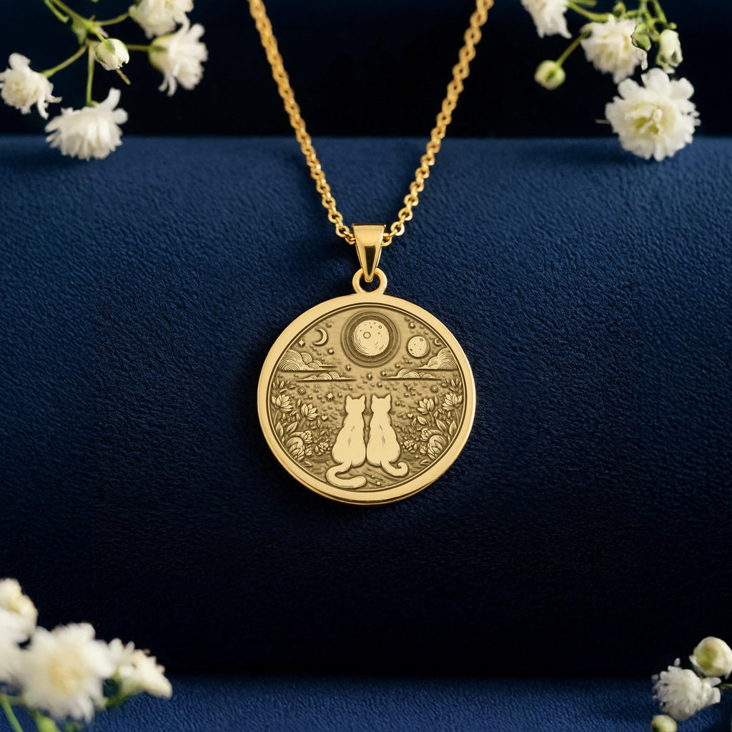 Cat Lover Pendant Necklaces: 14K Gold Moon Kitty Medallion,  Animal Jewelry - View 214