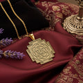 14K Solid Gold Maha Lakshmi Yantra Sacred Geometry Abundance Necklace — front medallion view